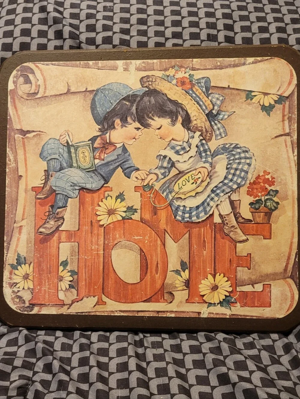 Vintage 1970s Homco Wooden HOME Wall Decor / Plaque Cute Boy & Girl Couple
